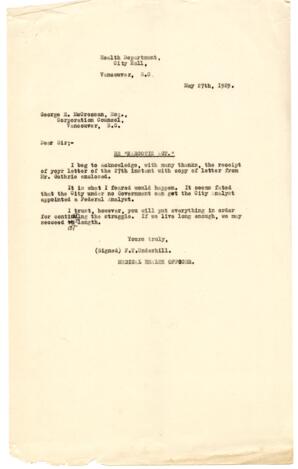 Letter to George McCrossan, Corporation Counsel from F.T. Underhill, Medical Health Officer: 27-May-29