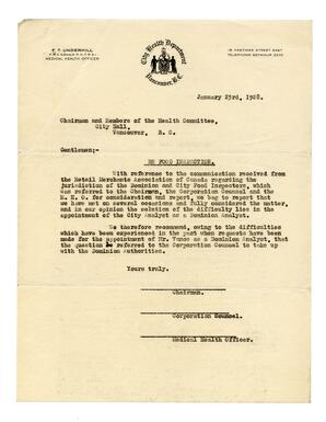 Letter to Chairman and Members of the Health Committee, Vancouver: 23-Jan-28