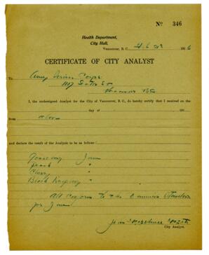 Certificate of City Analyst: 21-Feb-16