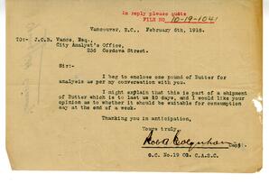 Letter to Vance from Captain, O.C. No 19 Co, Canadian Army Service Corps.: 06-Feb-18