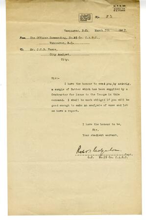 Letter to Vance from Captain, O.C. No 19 Co, Canadian Army Service Corps.: 07-Mar-17