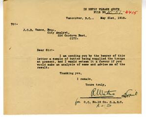 Letter to Vance from R. Waters, Lieutenant for O.C. No. 19 CO. C.A.S.C.: 21-May-18