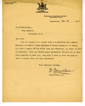 Letter to Vance from D. Donaldson, Superintendent, Provincial Industrial School: 20-May-14