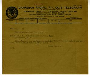Telegram to 19th Co. Canadian Army Service Corp from Parke Davis Co.: 21-Apr-17