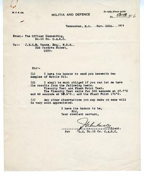 Letter to Vance from the Officer Commanding, No. 19 Co. Canadian Army Service Corp: 10-Nov-17