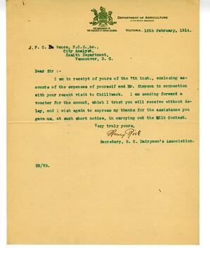 Letter to Vance from Secretary, B.C. Dairymen's Association: 12-Feb-14