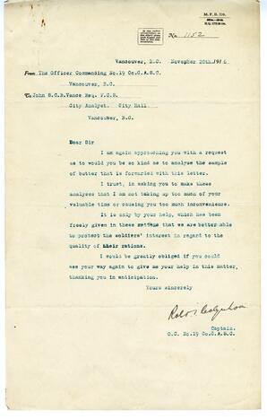 Letter to Vance from Captain, O.C. No 19 Co, Canadian Army Service Corps.: 20-Nov-16