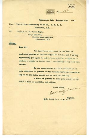 Letter to Vance from Captain, O.C. No 19 Co, Canadian Army Service Corps.: 21-Oct-16