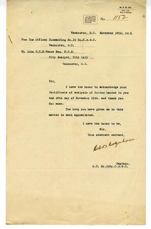 Letter to Vance from Captain, O.C. No 19 Co, Canadian Army Service Corps.: 24-Nov-16