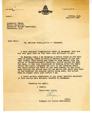 Letter to Vance from Constable H. Elgie, Lytton Police Detachment: 17-Dec-37