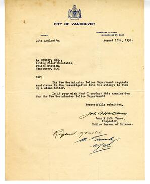 Letter to A. Grundy, Acting Chief Constable from Vance: 10-Aug-36