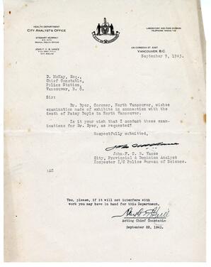 Letter to D. McKay, Chief Constable from Vance: 09-Sep-43