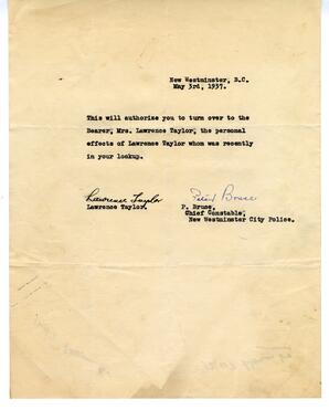 Attestation from P. Bruce, Chief Constable, New Westminster City Police: 03-May-37
