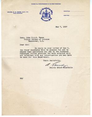 Letter to Vance from Grundy, Deputy Chief Constable: 07-May-37