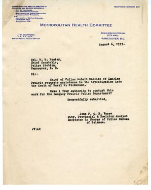 Letter to Grundy, Chief Constable from Vance: 06-Aug-37