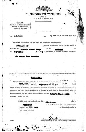 Summons to Witness to Give Evidence: 19-Sep-34