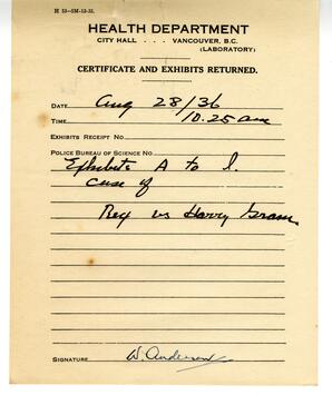 Certificate and Exhibits Returned - Health Department: 28-Aug-36