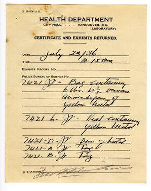 Certificate and Exhibits Returned - Health Department: 23-Jul-36