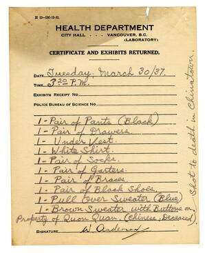 Certificate and Exhibits Returned - Health Department: 30-Mar-37