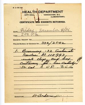 Certificate and Exhibits Returned - Health Department: 04-Dec-36