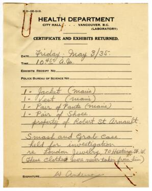 Certificate and Exhibits Returned - Health Department: 03-May-35