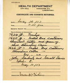 Certificate and Exhibits Returned - Health Department: 25-May-37