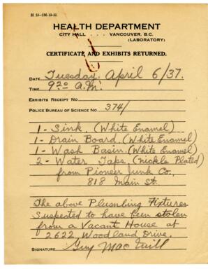 Certificate and Exhibits Returned - Health Department: 06-Apr-37