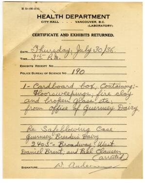 Certificate and Exhibits Returned - Health Department: 30-Jul-36