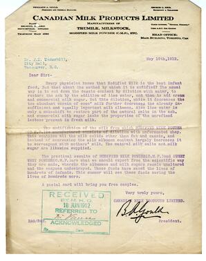 Letter to F.T. Underhill from B. Gould, President, Canadian Milk Products Ltd.: 15-May-12