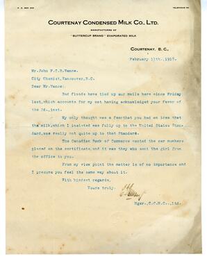 Letter to Vance from E. G. Emery, Courtenay Condensed Milk Co.: 13-Feb-18
