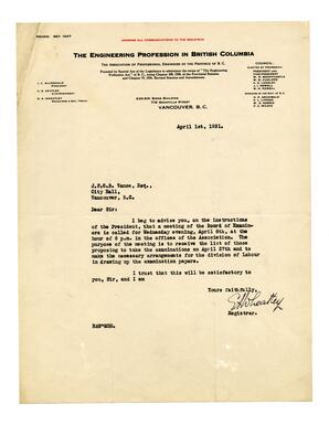 Letter to Vance from E.A. Wheatley, Registrar, Professional Engineers of BC: 01-Apr-31