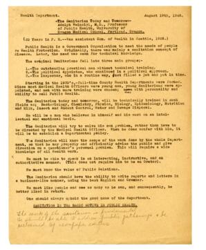 Speech notes from talk by Adolph Weinzirl, Professor of Public Health, University of Oregon Medical School, "The Sanitarian Today and Tomorrow": 19-Aug-46
