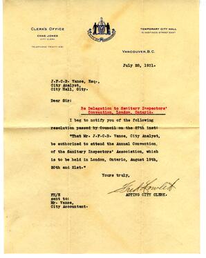 Letter to Vance from Acting City Clerk, City of Vancouver: 28-Jul-31