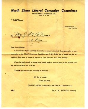 Letter to Vance from North Shore Liberal Campaign Committee: 07-Jun-24