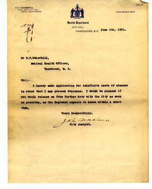 Letter to F.T. Underhill, Medical Health Officer, City of Vancouver from Vance: 06-Jun-16