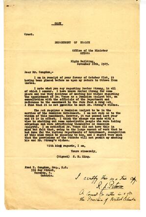 Letter to F.T. Congdon, Department of Health, Ottawa from J.H. King: 18-Nov-27