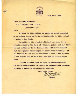 Letter to McSpadden, 11th Regiment, The Irish Fusiliers of Canada from the Mayor, Vancouver: 17-Jul-16