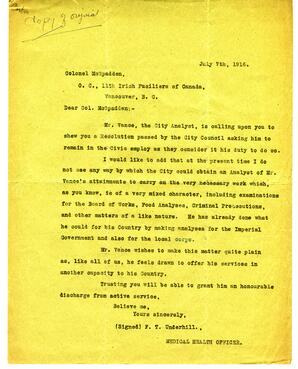 Letter to McSpadden, 11th Regiment, The Irish Fusiliers of Canada from F.T. Underhill, Medical Health Officer: 07-Jul-16