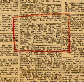 Vancouver Sun classified notice for death of Frank Holt: 24-Dec-46