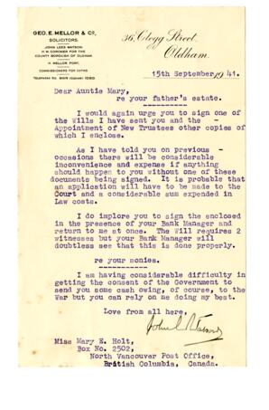 Frank Hartley Holt estate and related correspondence
