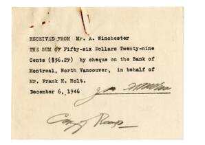 Cheque receipt from A. Winchester as received by Frank Holt: 06-Dec-46