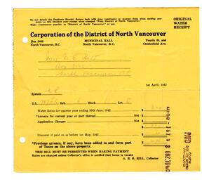 Corporation of the District of North Vancouver water payment receipt: 09-May-42