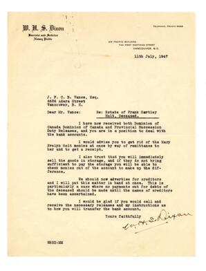 Letter to Vance from W.H.S. Dixon, Barrister and Solicitor: 04-Jun-47