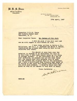 Letter to Vance from W.H.S. Dixon, Barrister and Solicitor: 17-Apr-47