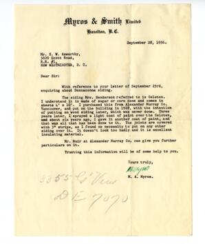 Letter to S.W. Asworthy from M.A. Myros: 28-Sep-56