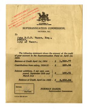 Account balance for Vance Superannuation fund as of April 1, 1934: 01-Apr-35