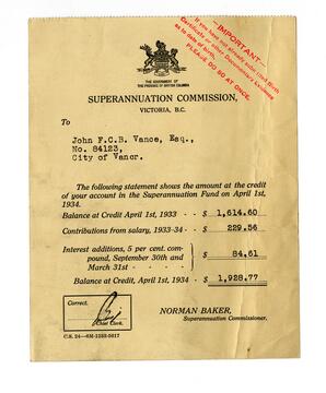 Account balance for Vance Superannuation fund as of April 1, 1936: 01-Apr-34