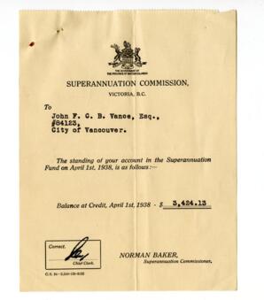Account balance for Vance Superannuation fund as of April 1, 1938: 01-Apr-38