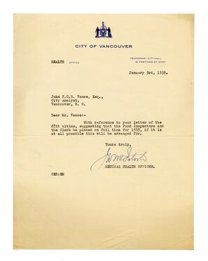 Letter to Vance from J.W. McIntosh, Medical Health Officer: 03-Jan-35