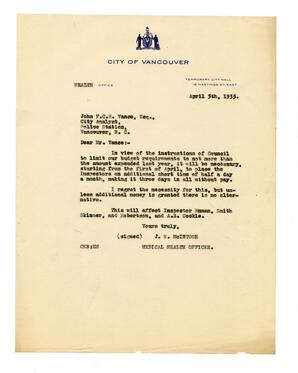Letter to Vance from J.W. McIntosh, Medical Health Officer: 05-Apr-35